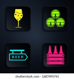 Set Pack of beer bottles, Glass of beer, Street signboard with inscription Beer and Wooden barrel on rack with stopcock. Black square button. Vector