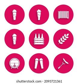 Set Pack of beer bottles, Glass, Sausage on the fork, Cereals set with rice, wheat, corn, oats, rye, barley, Wooden barrel rack stopcock, Musical instrument accordion and  icon. Vector