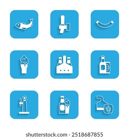 Set Pack of beer bottles, Beer and glass, brewing process, can, tap, Glass, Sausage and Dried fish icon. Vector
