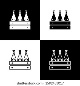 Set Pack of beer bottles icon isolated on black and white background. Wooden box and beer bottles. Case crate beer box sign.  Vector Illustration