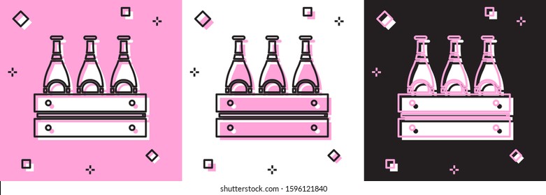 Set Pack of beer bottles icon isolated on pink and white, black background. Wooden box and beer bottles. Case crate beer box sign.  Vector Illustration