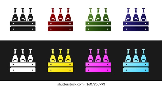 Set Pack of beer bottles icon isolated on black and white background. Wooden box and beer bottles. Case crate beer box sign.  Vector Illustration