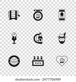 Set Pack of beer bottles, Oktoberfest man, Heart with glass, Beer and wooden barrel, can, Wooden on rack, Street signboard and Glass icon. Vector
