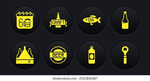 Set Pack of beer bottles, Plastic, Bottle cap with, Dried fish, Beer, opener and Saint Patricks day calendar icon. Vector