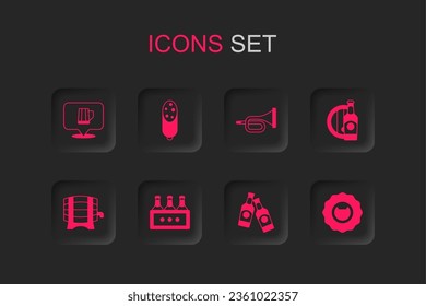 Set Pack of beer bottles, Salami sausage, Wooden mug, Beer, and wooden barrel, Bottle opener, Trumpet and on rack icon. Vector