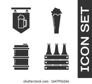 Set Pack of beer bottles, Street signboard with glass of beer, Metal beer keg and Glass of beer icon. Vector