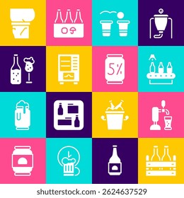 Set Pack of beer bottles, Beer tap with glass, Conveyor band,, pong game, Vending machine, belly and can icon. Vector