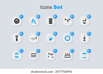 Set Pack of beer bottles, Trumpet, Beer, Wooden barrel, Bottle opener and Glass icon. Vector