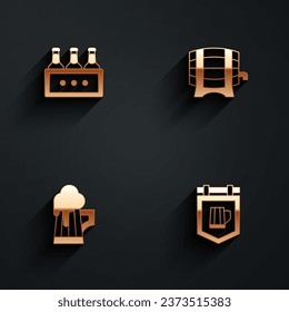 Set Pack of beer bottles, Wooden barrel on rack, mug and Street signboard with icon with long shadow. Vector