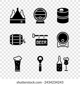 Set Pack de botellas de cerveza, barril de madera en rack, barril de metal, vidrio, abridor de botellas, cerveza y vidrio, y letrero de la calle con icono. Vector