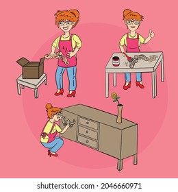 set pack pack cartoon character mascot furniture craft woman