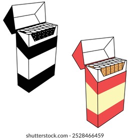 Set of pack of cigarettes vector  illustration. Opened cigarette pack with drawing. Cigarette box.