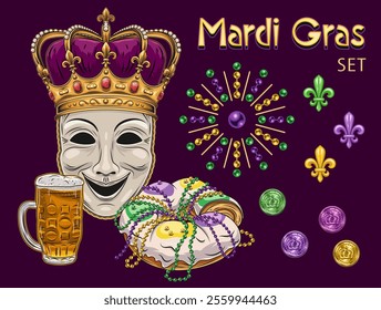 Set, pack of design elements for Mardi Gras holiday with comedy mask in crown, king cake, beer glass, coins, holiday trinket, bling, text. Clip art in vintage style.