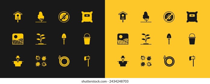 Set Pack full of seeds, Colorado beetle, Shovel, Garden hose, Sprout, Stop colorado, Bird house and Fruit tree icon. Vector