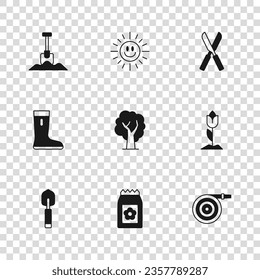 Set Pack full of seeds, Flower tulip, Garden hose, Tree, Gardening scissors, Shovel, Sun and Waterproof rubber boot icon. Vector