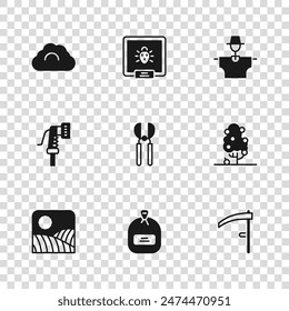 Set Pack full of seeds, Fruit tree, Scythe, Gardening scissors, Scarecrow, Cloudy weather, Colorado beetle and hose icon. Vector