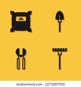 Set Pack voll von Samen, Gartenrake, Gartenschere und Shovel-Symbol mit langem Schatten. Vektorgrafik