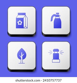 Set Pack full of seeds, Garden sprayer for water, Tree and Automatic irrigation sprinklers icon. White square button. Vector