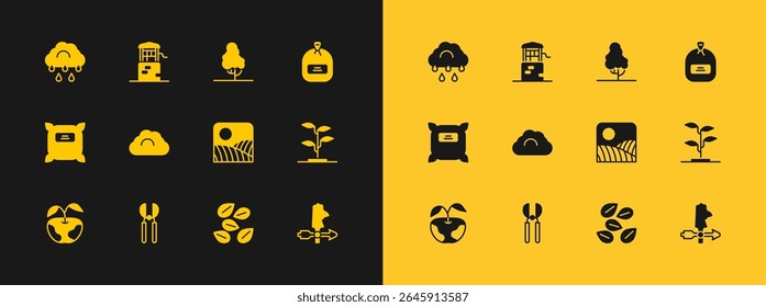 Set Pack full of seeds, Gardening scissors, Agriculture wheat field farm, Seeds specific plant, Cloudy weather, Fruit tree, with rain and Well icon. Vector