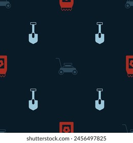 Set Pack lleno de semillas, cortadora de césped y pala en un patrón sin fisuras. Vector