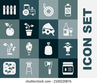 Set Pack full of seeds of plant, Scarecrow, Wine bottle with glass, Garden hose, Plant pot, Apple, fence wooden and Cheese icon. Vector