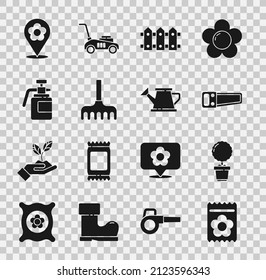 Set Pack full of seeds of plant, Flower in pot, Hand saw, Garden fence wooden, rake, sprayer for fertilizer, Location with flower and Watering can icon. Vector