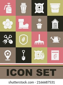 Set Pack full of seeds of plant, Watering can, Farm house, Waterproof rubber boot, Flower, Garden sprayer for fertilizer and pot icon. Vector