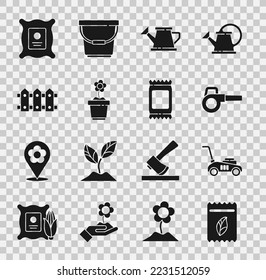 Set Pack full of seeds of plant, Lawn mower, Leaf garden blower, Watering can, Flower pot, Garden fence wooden,  and Fertilizer bag icon. Vector