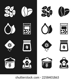 Set Packung voll von Samen von Pflanzen, Kürbis, Saatgut, Kaffeebohnen, Beutel Kaffee, Farmer den Hut und Mehl Symbol. Vektorgrafik