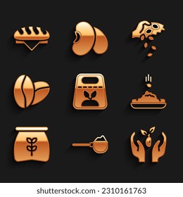 Set Packung voll von Samen von Pflanzen, Messbecher mit Mehl, Pflanze Hand, Saatgut, Beutel, Kaffeebohnen und Brotlaib Symbol. Vektorgrafik