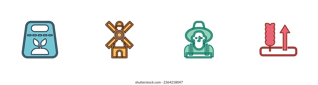 Ponga un paquete lleno de semillas de planta, molino de viento, granjero el sombrero y el icono de Trigo. Vector