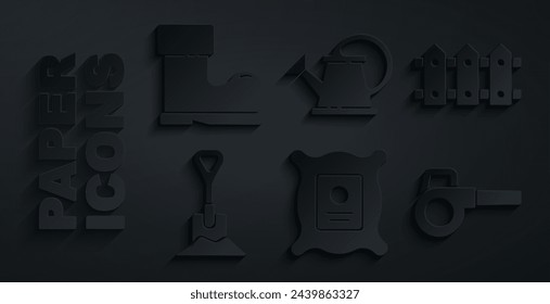 Set Pack lleno de semillas de planta, cerca de jardín de madera, pala en el suelo, soplador de jardín de hojas, regadera e icono de bota de goma impermeable. Vector