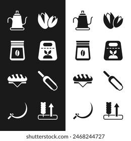 Set Pack full of seeds of plant, Bag coffee beans, Watering can, Pistachio nuts, Bread loaf, Scoop flour, Wheat and Sickle icon. Vector