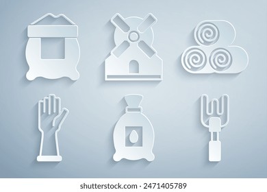 Set Pack full of seeds of plant, Roll hay, Rubber gloves, Garden rake, Windmill and Bag flour icon. Vector