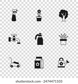 Set Pack full of seeds, Plant in pot, Watering can, Garden sprayer for water, Tree, Flower and tap icon. Vector