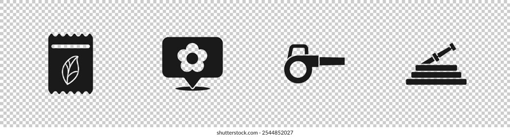 Set Pack full of seeds of plant, Location with flower, Leaf garden blower and Garden hose or fire hose icon. Vector