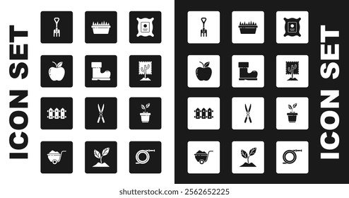 Set Pack full of seeds of plant, Waterproof rubber boot, Apple, Garden rake, Tree, Fresh grass in rectangular, Plant pot and fence wooden icon. Vector