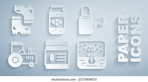 Set Pack full of seeds of plant, Watering can, Tractor, Automatic irrigation sprinklers, Jar honey and Waterproof rubber boot icon. Vector