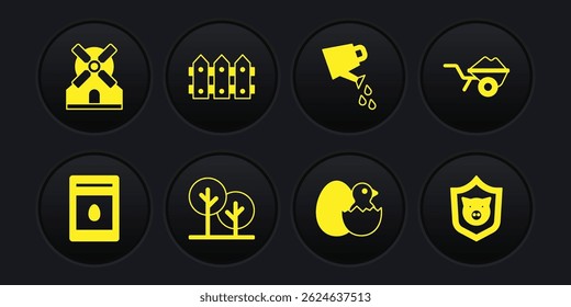 Set Pack full of seeds of plant, Wheelbarrow with dirt, Tree, Little chick in cracked egg, Watering can, Garden fence wooden, Shield pig and Windmill icon. Vector