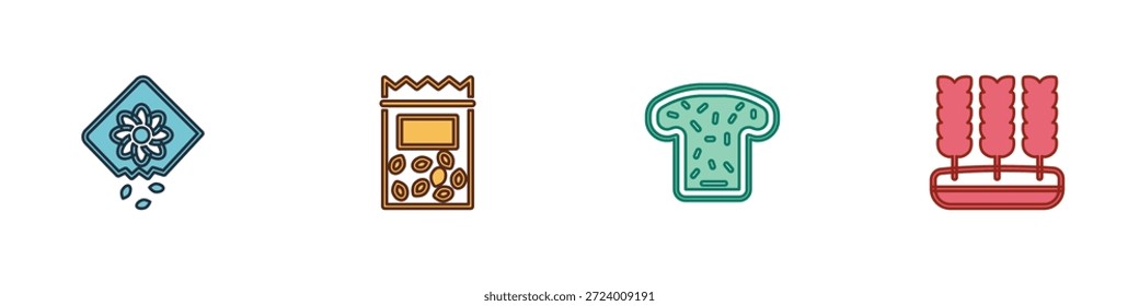 Set Pack cheio de sementes de planta, , Torrada de pão e ícone de trigo. Vetor