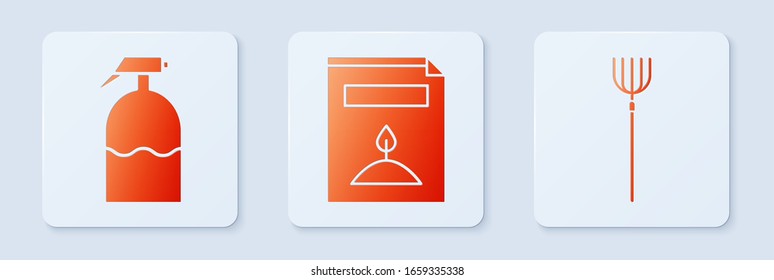 Set A pack full of seeds of a specific plant, Garden sprayer and Garden pitchfork. White square button. Vector