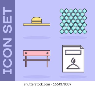 Poner un paquete lleno de semillas de una planta específica, sombrero de trabajador, icono de madera de la valla de los bancos y jardines. Vector