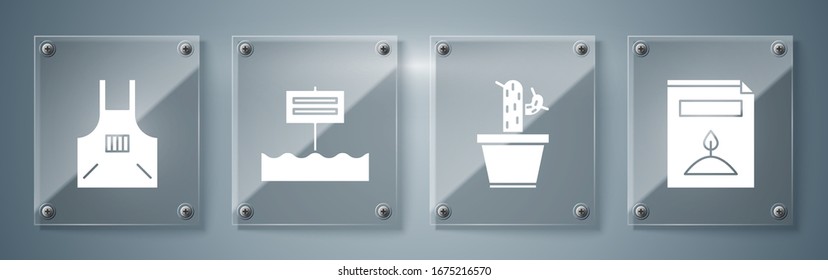 Set A pack full of seeds of a specific plant, Cactus and succulent in pot, Blank wooden sign board and Kitchen apron. Square glass panels. Vector