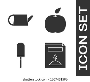 Set A pack full of seeds of a specific plant, Watering can, Garden trowel spade or shovel and Apple icon. Vector