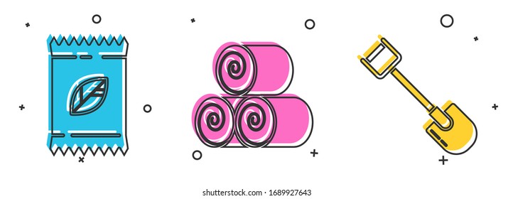 Set A pack full of seeds of a specific plant, Roll of hay and Shovel icon. Vector