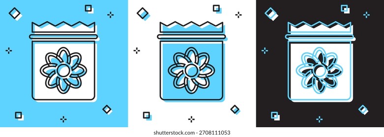 Set Packung mit Samen eines bestimmten Pflanzensymbols, einzeln auf blauweißem, schwarzem Hintergrund.  Vektorgrafik