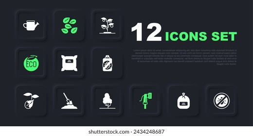 Set Pack lleno de semillas, Stop escarabajo colorado, manguera de jardín, comida saludable ecológica, pala en el suelo, planta específica de semillas e icono de árbol frutal. Vector