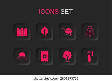 Set Pack full of seeds, Tree, Garden fence wooden, Wooden staircase, axe, Wheelbarrow and Sunrise icon. Vector