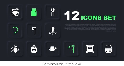 Set Pack full of seeds, Wicker basket, Wooden axe, Scythe, Sickle, Glass jar with screw-cap and Watering can icon. Vector