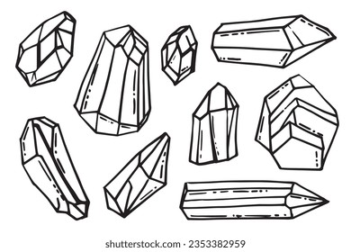 Conjunto de elementos de clipart de doodle de cristales a mano empacados a mano. Para planificador, revista. Diseño dibujado a mano. Diseño de ilustración de vector de corte.
